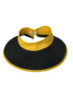 Straw Hat Garden Beach Wide Brim Adjustable Yellow Black Womens Hook n Loop Adj